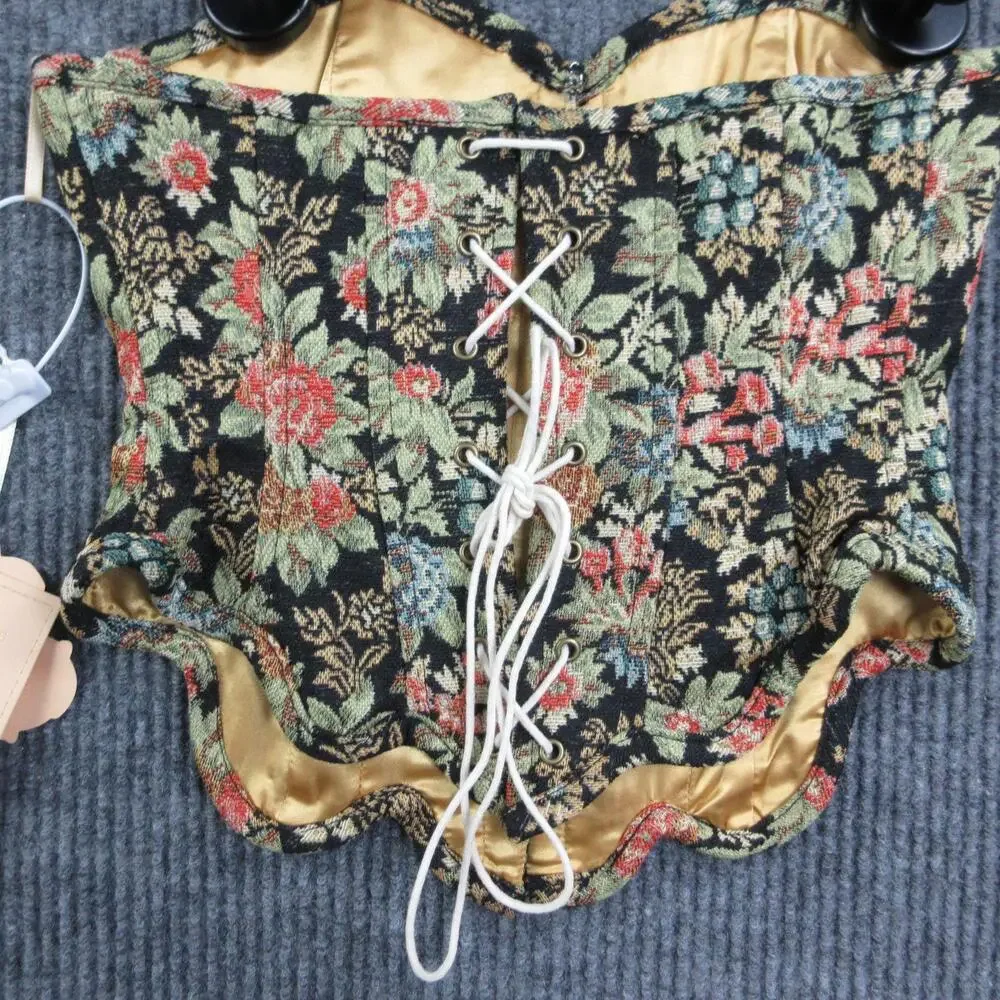 Lace Made Corset Overbust Womens XS Black Brocade Floral Boned Lace Up NWT